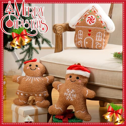 Image of Konohan 3 Pcs Christmas Gingerbread Pillows House Man Throw Pillows Stuffed Gingerbread Shaped Pillow for Christmas Party Outdoor Cushion Decorations(Dark Yellow,Lovely Style)
