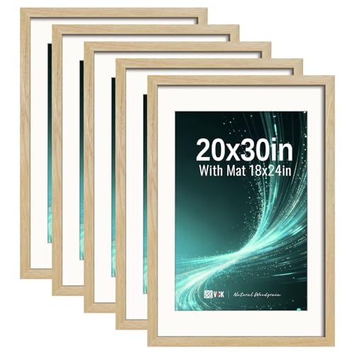 Image of VCK 20x30 Picture Frame 5 Pack, Natural Exclusive Wood, 18x24 Mat, for Art