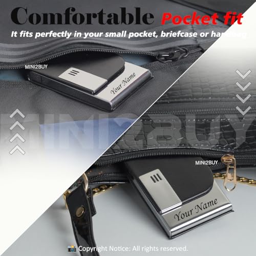 Image of Mini2buy Customized Unisex Vertical Card Holder Name Engraved for Credit|Debit|ATM|Business Visiting RFID Blocking Stainless Steel (1 x 10 x 6 cm) Personal Corporate Gift (Black)