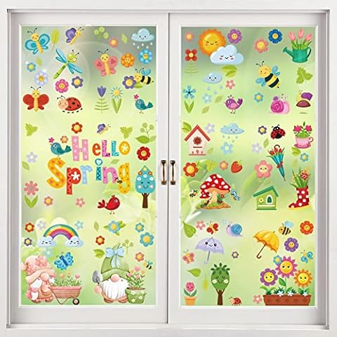 Hianjoo Spring Window Stickers, Hello Spring Window Sticker Self-Adhesive Spring Decoration Cover