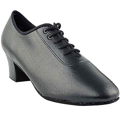 Women's Ballroom Dance Shoes Salsa Latin Practice Dance Shoes Black Leather C2001EB Comfortable - Very Fine 1.6