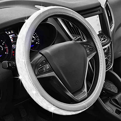 Housse de Volant en Cuir Diamant pour Femme avec Strass en Cristal Bling Bling, Protection de Roue de Voiture Universelle de 38 cm (Grey) Cover