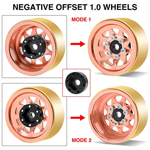 Image of OGRC 1.0 RC Wheel Rims with Brass Rings Deep Dish Wheel Rims 1.0 Beadlock Wheels for 1 /18 TRX4M 1 /24 SCX24 C10 JLU Deadbolt Gladiator Bronco Crawler Car (Rose Gold)