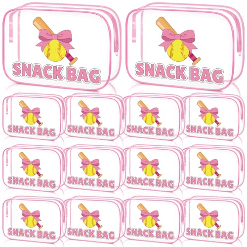 Sunnymove 12 Pcs Softball Party Favors Pink Bow Softball Snack Bags Bulk Sport Gifts for Girls Team Soft Ball Goodie Bags Treat Clear Gift Bag for Birthday Back to School 7.09 x 4.72 x 2.36 Inch