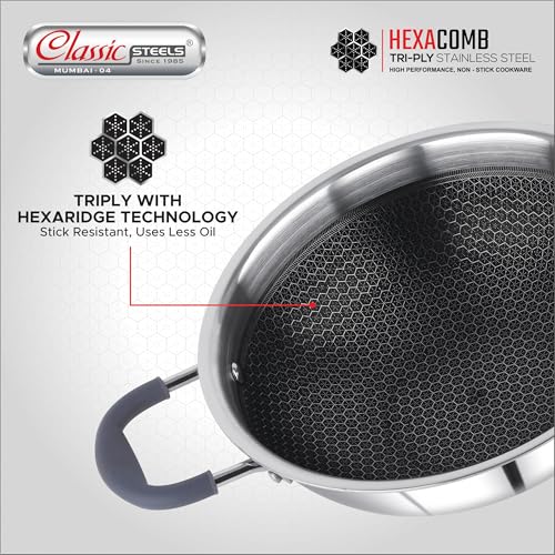 Image of Classic Steels Hexa Comb Triply Kadai with Steel Lid - 1 LTR (18cm) | Stainless Steel Non-Stick Kadhai for Cooking | Gas & Induction Compatible | 2.5mm Thickness | Durable Stay Cool Silicon Handle