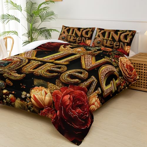 Image of King and Queen Comforter Set Black and Gold,King and Queen Bedding Set,Red Floral Quilt Set King Size,with 1 Comforter with 2 Pillow Case