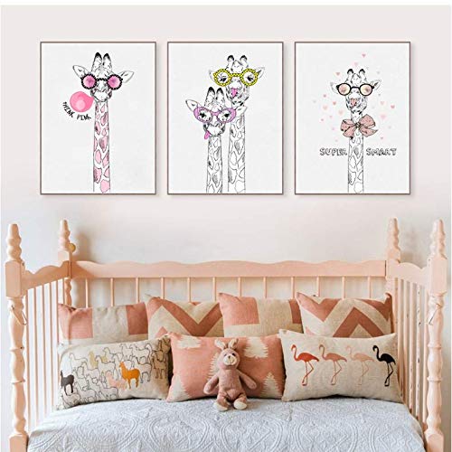 Toile Peinture Girafe Rose pour Décorer une Chambre de Bébé Fille 50x70cm