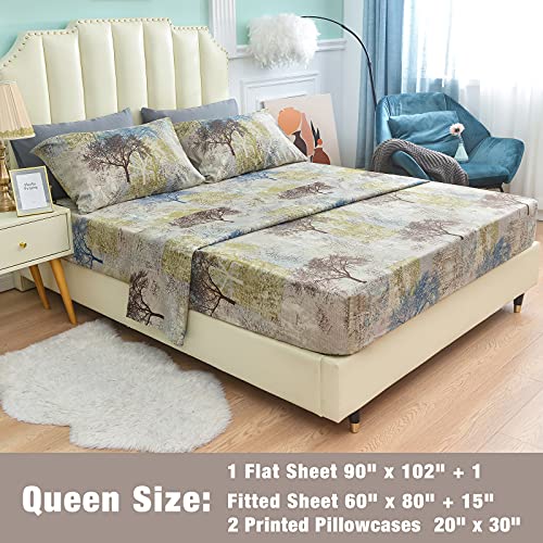 Image of JSD Rustic Tree Pattern Print Queen Sheet Set Extra Deep Pocket | 4 Piece Soft Botanical Microfiber Sheets, OEKO-TEX Certified, Easy Care