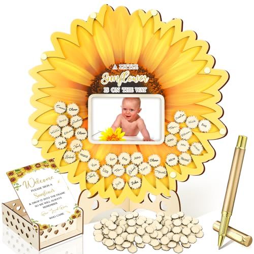 Image of Wenqik 63 Pcs Sunflower Baby Shower Guest Book Alternatives Set Baby Shower Decorations with Photo Frame Sonogram Frame Keepsake 60 Wood Slices Guest Book for Birthday