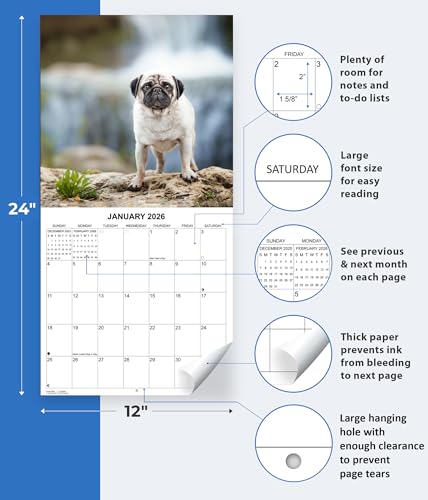 2026 Pugs Monthly Wall Calendar | Cute Dogs Calendar September 2025 - December 2026