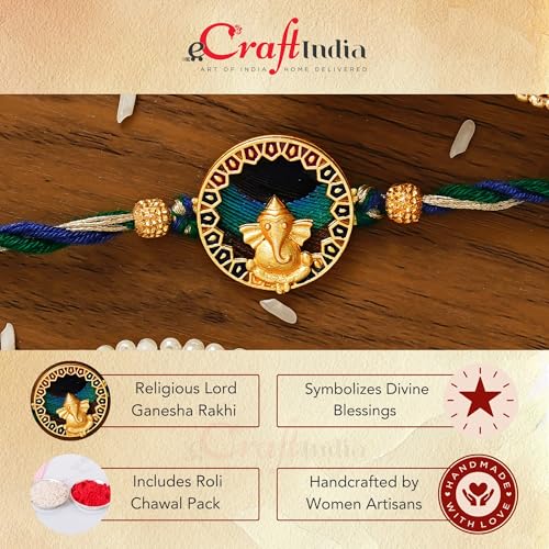 Image of eCraftIndia Red Blue Round Designer Rakhi for Brother Bhaiya Bhai | Roli Chawal Pack | Rakhi Combo