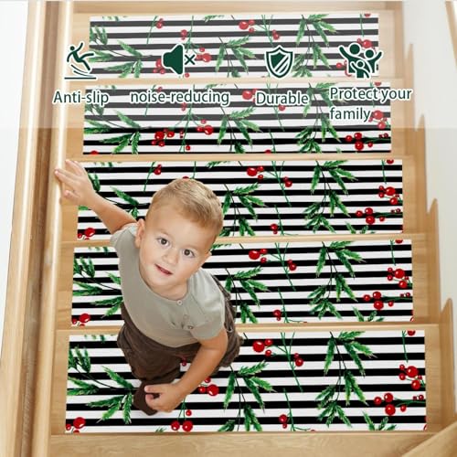 15 peldaños antideslizantes de Navidad con rayas negras y blancas para escaleras de madera 4