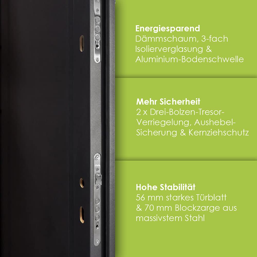 Haustür Nebeneingangstür Hugo 100x200cm DIN rechts – Kellertür aus Stahl mit Tresorbolzen, Wärmedämmfüllung, verstellbaren Bändern und Aushebelsicherung - Weiß | 2x Drücker
