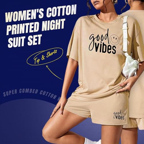 Image of KSHS Women Cotton Night Suit Top & Shorts Set | Loose Fit Printed Nightwear Co Ord Set Stylish Western | Soft Breathable Sleepwear Shorts with Pocket for Women