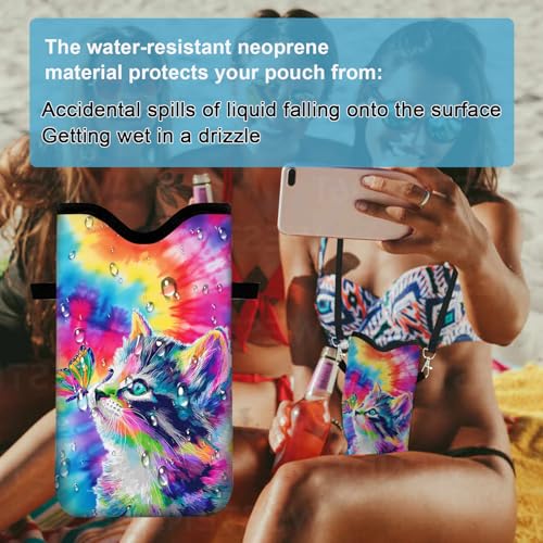 Image of Neoprene Cell Phone Sleeve Pouch Case Bag with Crossbody Strap Neck Lanyard for Women 7.1 X 3.9 in Tie Dye Cat