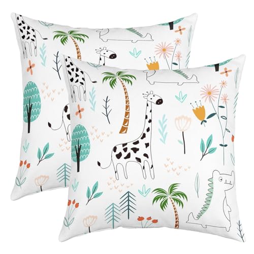 Cute Giraffee Decorative Throw Pillow Cover Kids Cartoon Dinos Animal Pillow Cover for Car Sofa Cocnut Tree Flowers Plant Home Decor Cushion Case Pillowcase 22x22,Pack of 2