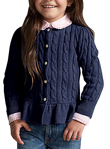 Girls Cardigan Kids Open Front Button Down Knit Lotus Leaf Hem Long Sleeve Special Weaving Sweaters Coat Navy Blue