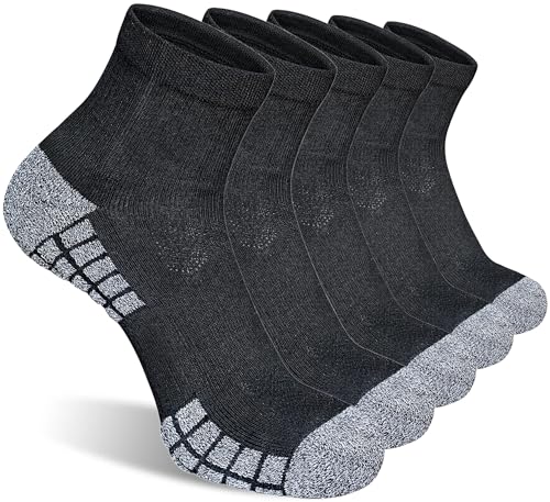 suaskk Mens Athletic Cushioned Quarter Socks, Anti-Blister Comfort Running Ankle Socks 5 Pairs
