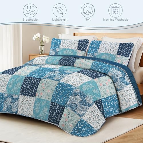 Exclusivo Mezcla Reversible Boho Quilt Set Queen Size, 3 Pieces Patchwork Navy Blue All Season Bedspreads, Ultra Soft Floral Coverlet Bedding Set with Printed Pattern (1 Quilt, 2 Pillow Shams)