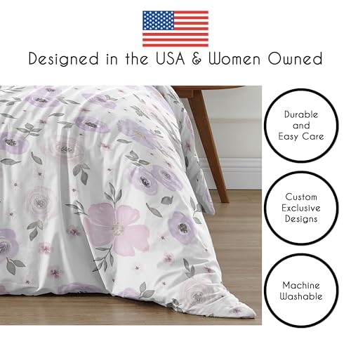 Image of Sweet Jojo Designs Lavender Purple, Pink, Grey and White Shabby Chic Watercolor Floral Girl Full /Queen Teen Childrens Bedding Comforter Set - 3 Pieces - Rose Flower
