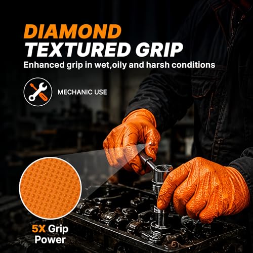 Image of TitanFlex Heavy Duty Industrial Orange Nitrile Gloves, 8-mil, Gloves Disposable Latex Free with Raised Diamond Texture Grip, Powder Free, Rubber Glove, Mechanic Gloves,100-ct Box (XL)