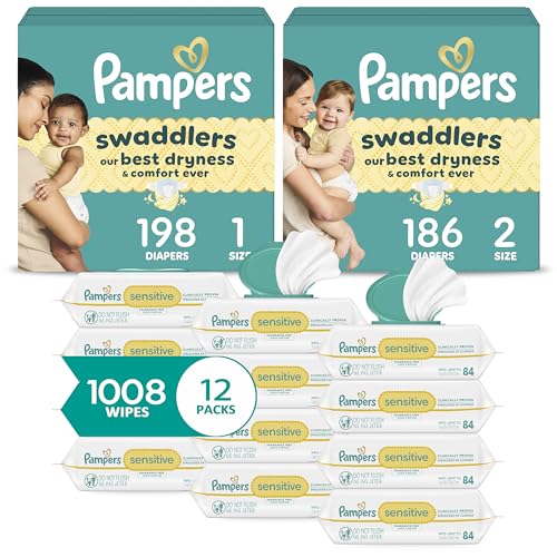 Image of Pampers Baby Diapers and Wipes Starter Kit - Swaddlers Disposable Diapers Sizes 1 (198 Count) & 2 (186 Count) With Sensitive Water Based Wipes 12 Flip-Top Packs (1008 Total)