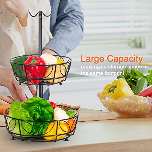 Auledio 2-Tier Countertop Fruit Vegetables Basket Bowl Storage With Triple Banana Hanger, Black #TOP5