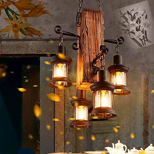 Rétro Suspension Vintage Bois Lampe Suspendue E27 Hauteur Réglable Fer Forgé Lustre abat-jour en verre Industrie Salle À Manger Cuisine Bar Café Droplight...