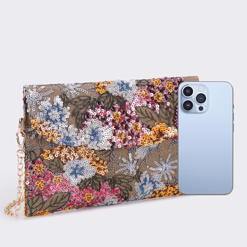 Image of Clutch Purses for Women, Envelope Package, Sequin Embroidered Flowers Straw Bag, Bohemian Handmade Handbags