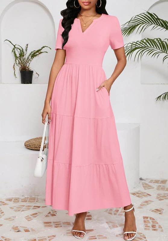 Image of MarryUP Women 2025 Casual Loose Maxi Dress with Pockets V Neck Short Sleeve Tiered Long Summer Beach Swing Dresses