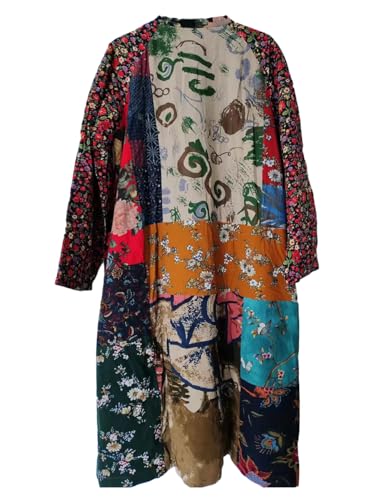 NFYM Women\'s Trench Coat Long Cotton Linen Floral Print Jacket Cottagecore Clothing Patchwork Outwear Each Piece Unique (Vintage, XL)