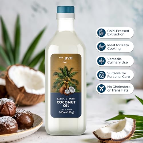 Image of JIVO Pure Extra Virgin Coconut Oil, 200Ml Nourishing Oil Bottle for Skin & Hair Growth| Good for Salad Dressing Zero Cholesterol and Trans Fat| Keto diet & Cooking