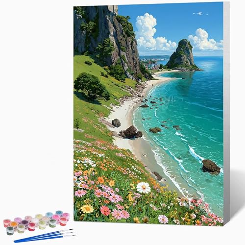 海 ペイントバイナンバーキット風景 数字油絵 塗, DIY手描き油絵セット(ブラシ3本とアクリル絵の具を含む)、キャンバスセット、家の壁の装飾ギフト,誕生日プレゼント女性 100*135CM フレームなし -WX2510481