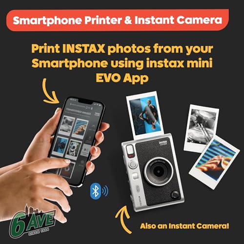 Image of Fujifilm Instax Mini EVO Hybrid Instant Camera (Black) Bundle with Instax-Mini Twin Pack Instant-Film 20 Sheets + 32GB Memory Card + Vintage Black Mini-Evo Camera Case + Cleaning Cloth