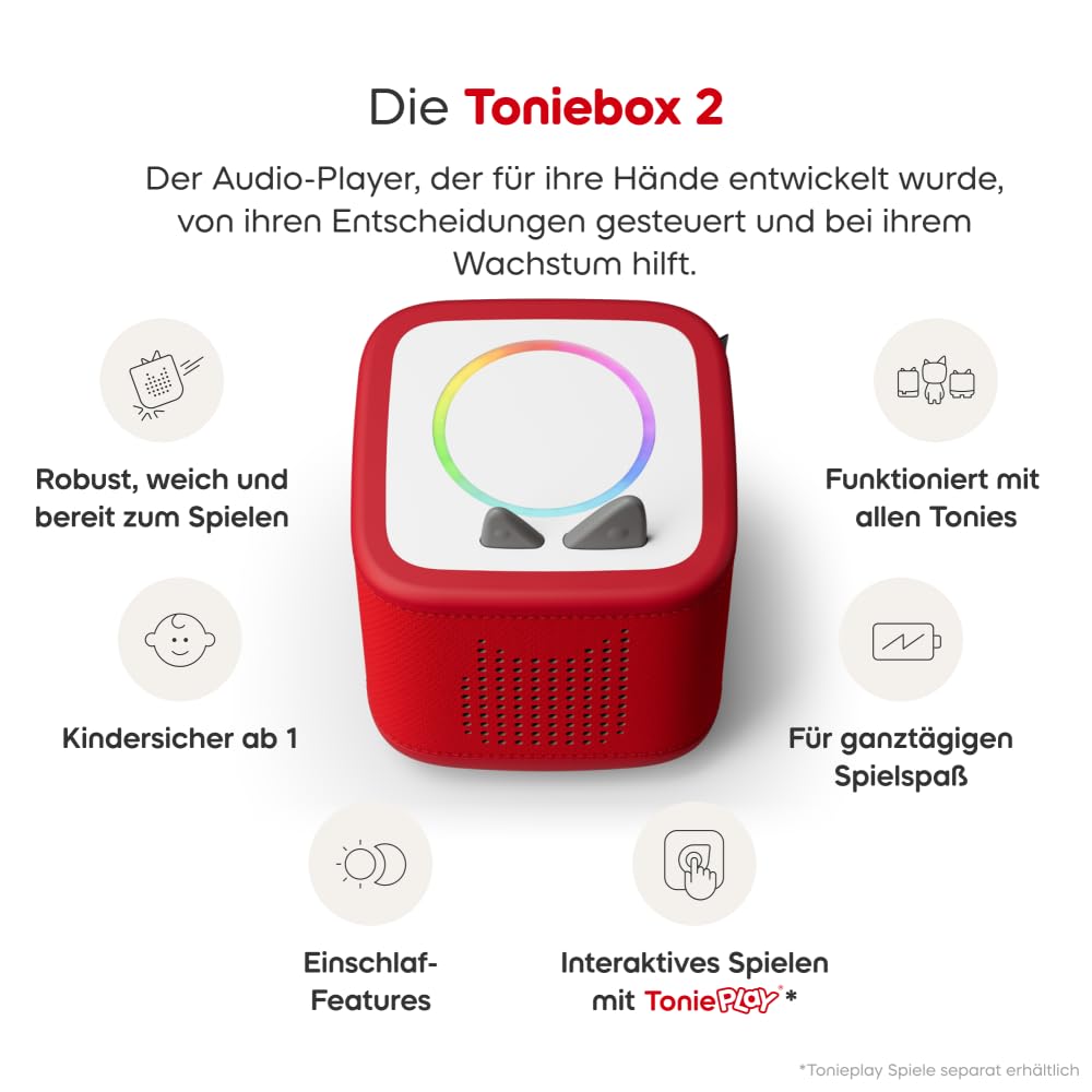 tonies Toniebox 2 Bundle Incl. 4 Disney Helden Herkules, Cars, Mickey Maus, Aladdin, Rot, Audioplayer für Hörbücher, Lieder, Einschlafen und Tonieplay für Kinder