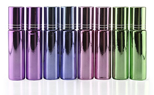 Roller Ball Bottles in Metallic Finish (8 pack), 10ml Multi-Color Glass Roll On Bottles for Perfume, Essential Oils, Lip Balm, & More