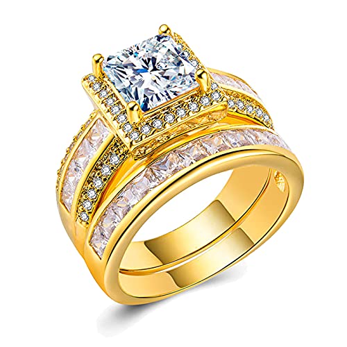 CEJUG 3Ct Halo Princess Engagement Ring Set Wedding Bands for Women 18k Yellow Gold Plated Cz Rings...