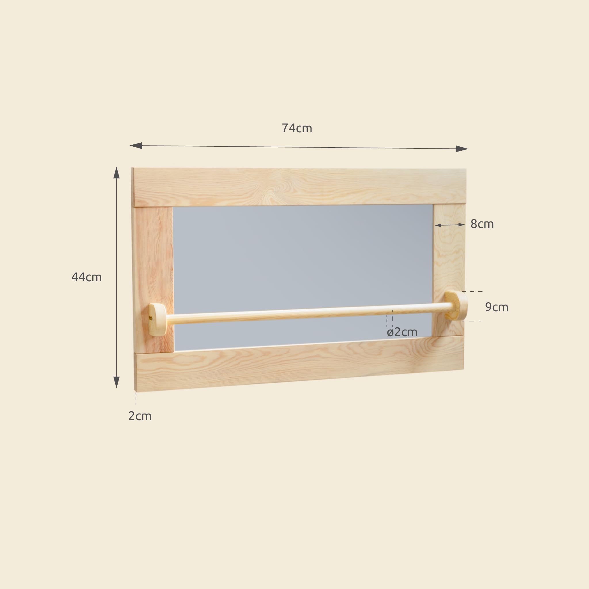 Espejo Montessori HECHO EN ESPAÑA con Barandilla para Bebés y Niños. Espejo de Madera Maciza con Cristal de Seguridad. Regalo Montessori Infantil para Cumpleaños (Tamaño pequeño 74x44cm)