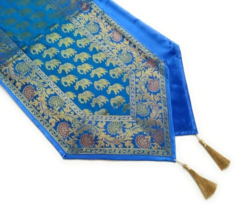 Image of Diwali Room Decor Silk Table Runner Placemats Tea Coaster Set for Living Room 4 to 6 Seater Dinning Table Table Mat Set Centre Table Top Decor Pack of 13 Pcs (Turquoise)