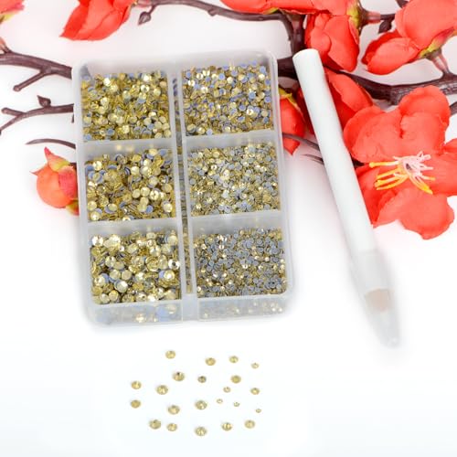 Image of Bymitel Hotfix Crystal Rhinestones Round Gems for Crafts,Mixed 6 Sizes with Wax Pencil Kit, Jonquil 1.3-3.2mm(SS3-SS12 /8000pcs)
