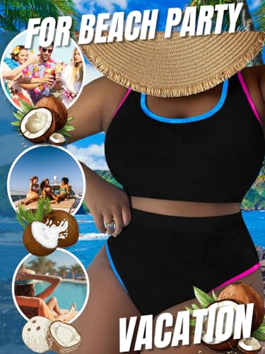 Plus Size High Waisted Bikini,Tie Dye Color Block Ribbed Swimsuit,2 Piece Bathing Suit for Curvy Women4