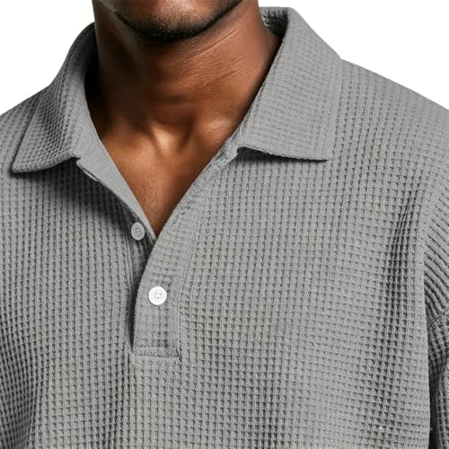 Polo para hombre de tejido de waffle, transpirable, corte suelto, manga corta, estilo casual con cuello de botones miniatura 2