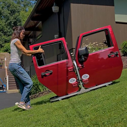 Image of EZ4X4 Aluminum Silver 4 Door Folding Rolling Door Cart, Storage Door Rack Holder Stand fits Wrangler JL JLU JK JKU TJ YJ and Gladiator JT Patented