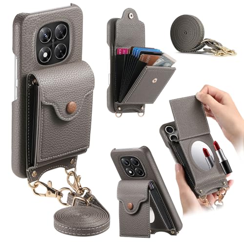Coque pour Xiaomi 15 étui portefeuille en texture raffinée grise avec courroie de cou