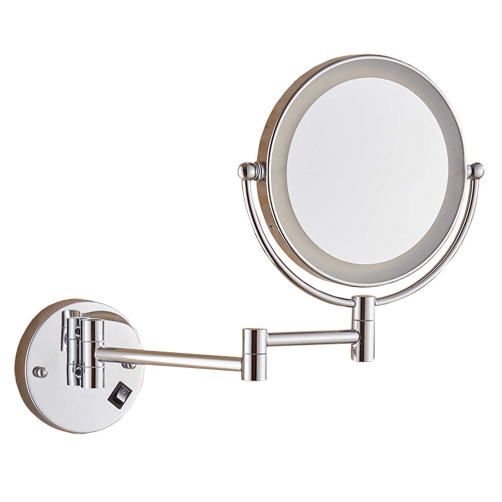 Espejo de maquillaje Montaje en pared, Espejo de baño extensible con Aumento de 3X de Doble Cara con Luz LED Espejo de afeitar de Forma Redonda plegable giratorio de 360 °,Silver_8inch (Silv