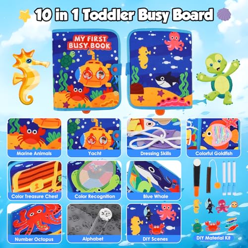 Busy Board Montessori 10 en 1, Jouets représentant des Animaux Marins pour Les 14 Ans et Plus, Quiet Book Sensoriel Éducatif, Livre d'Activités Motricité Fine – Image 4
