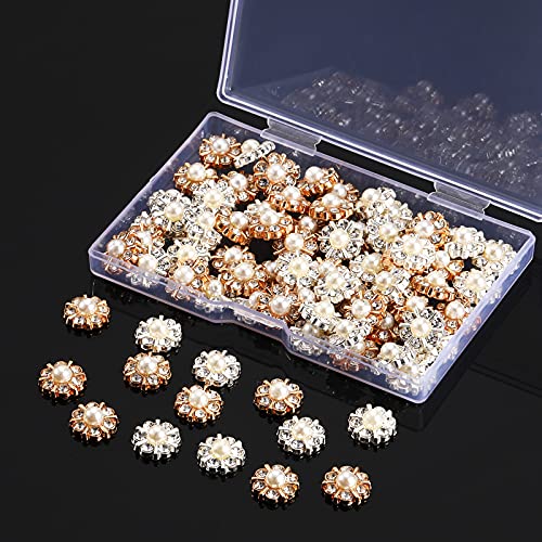 80 Pieces Rhinestone Pearl Buttons Flower Faux Pearl Buttons Rhinestone Craft Buttons Pearl Crystal Diy Buttons Flower Decorative Button Embellishments For Jewelry Sewing Supplies, Gold, Silver #TOP4