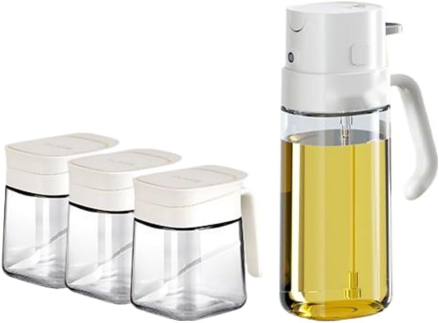 喷倒两用喷油壶 Oil Sprayer for Cooking,Dispenser Bottle for Kitchen Cooking,家用厨房不挂油玻璃油瓶油罐壶-油壶调罐四件套【喷倒两用油壶 调罐*3】