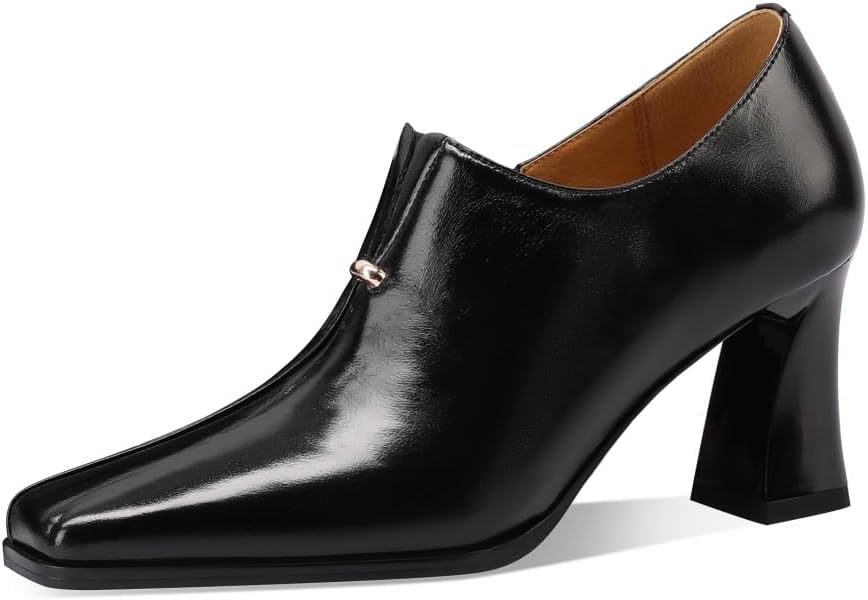 Genuine Leather Handmade Side Zipper Women's Square Toe Mid Spool Heels Trendy Pumps Shoes