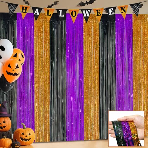 Halloween Party Decorations 3 Pack Glittery Halloween Foil Fringe Curtains 3.3 X 6.6 ft Orange Purple Black Tinsel Party Backdrop Photo Booth Props Streamers Birthday Party Supplies